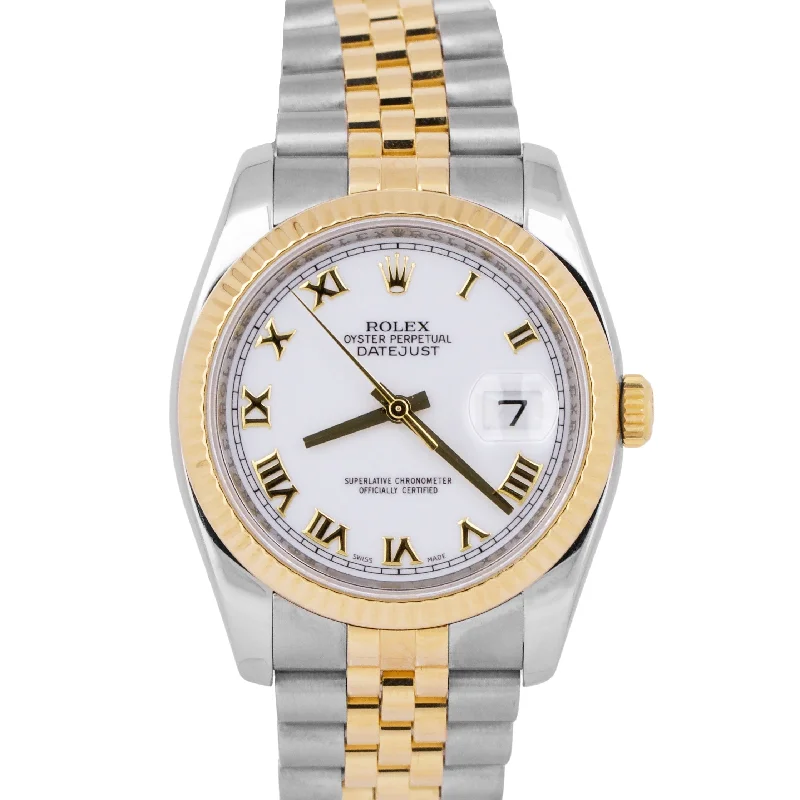 Watches with Dual Time Zones for Travelers-MINT Rolex DateJust 36mm WHITE ROMAN Fluted JUBILEE 18K Steel 116233 Watch