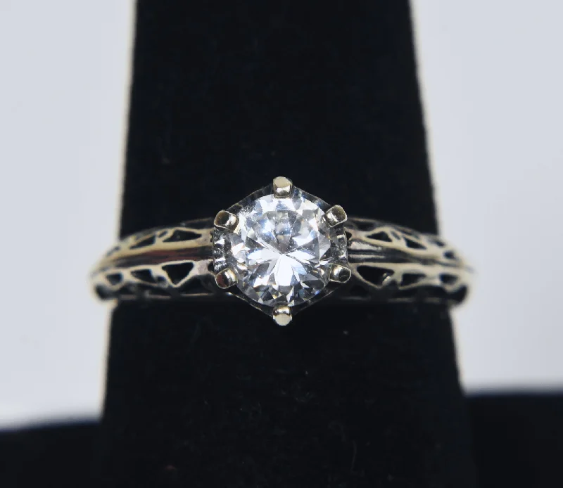 Vintage Wedding Band Set for Couples-Sterling Silver Pierced Shank Cubic Zirconia Ring - Size 7.75