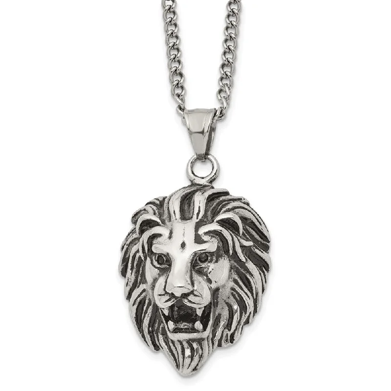 Chunky Necklace for Daytime Look-Men's Stainless Steel Antiqued Large 3D Lion Head Necklace, 24 Inch