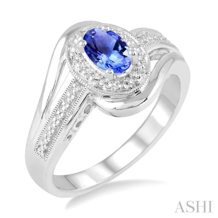 Silver Stackable Ring Set for Fashion-6x4 MM Oval Cut Tanzanite and 1/50 Ctw Round Cut Diamond Ring in Sterling Silver