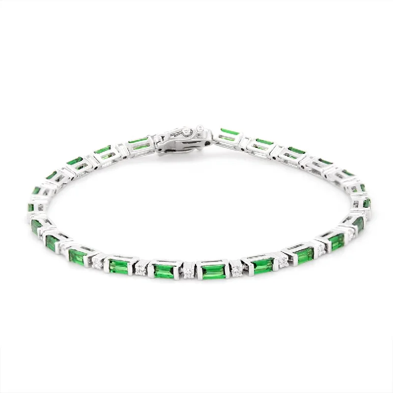 Custom Charm Bracelet with Birthstones-WHITE GOLD BRACELET WITH EMERALD CUT TSAVORITE AND DIAMONDS, .42 CT TW