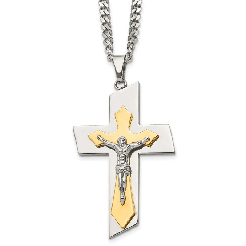 Custom Necklace with Name-Men's Stainless Steel & Gold Tone Plated XL Crucifix Necklace, 24 Inch