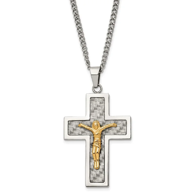 Bold Chunky Necklace for Bold Fashion-Stainless Steel, Gold Tone, Gray Carbon Fiber Crucifix Necklace, 24 In