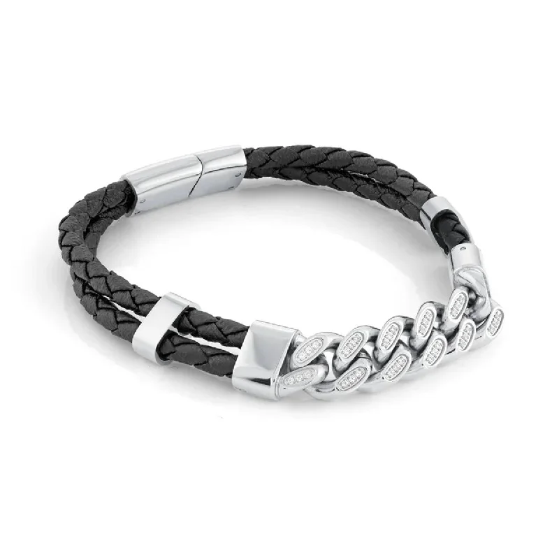 Classic Silver Bracelet for Fashion Lovers-MEN'S STAINLESS STEEL BRACELET WITH LEATHER AND CUBIC ZIRCONIA