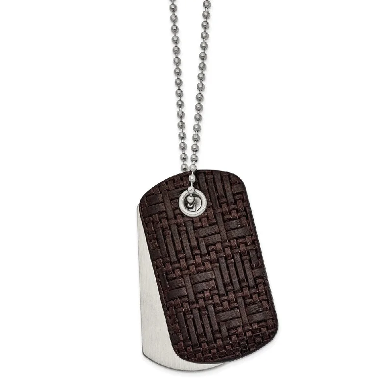 Artistic Necklace for Fashion Lovers-Stainless Steel & Brown Woven Leather 2 Piece Dog Tag Necklace, 22 In