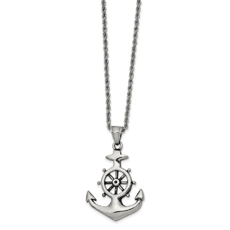 Elegant Chain Necklace for Weddings-Men's Stainless Steel Antiqued Anchor & Wheel Necklace, 24 Inch