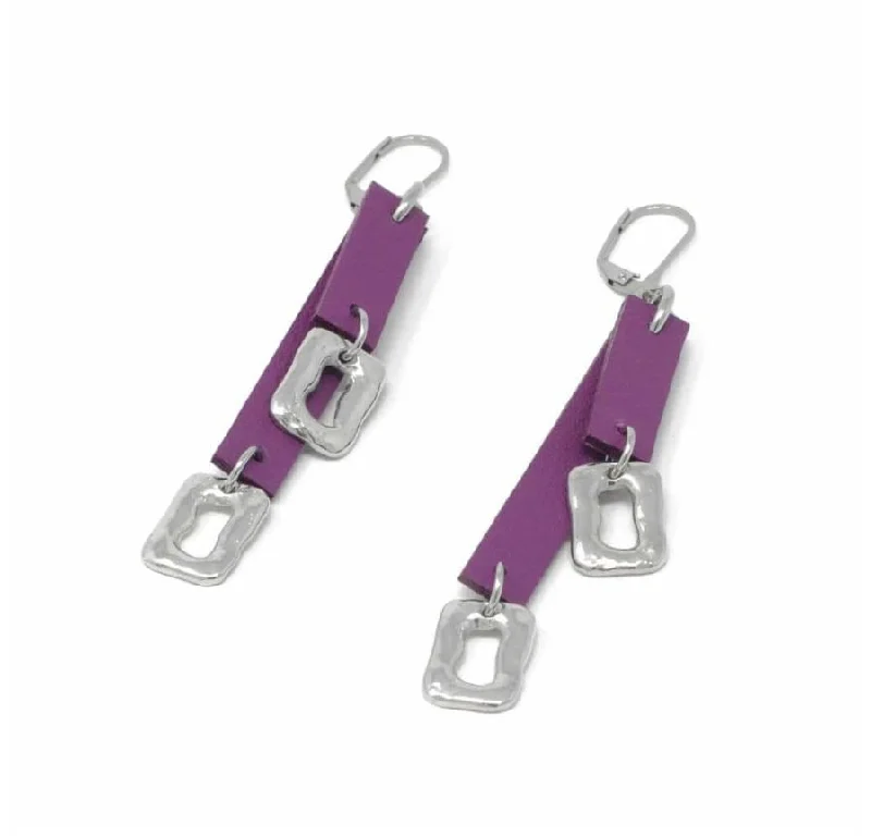 Handcrafted Silver Drop Earrings-Sobo Double Grape Leather and Small Ring Feature Earrings