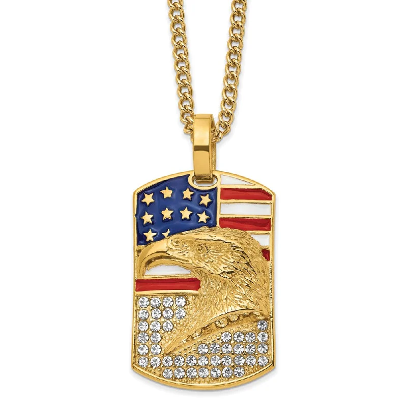 Cute Necklace for Gift Giving-Stainless Steel, Gold-Tone, Enamel, Crystal Eagle Flag Necklace, 24 In