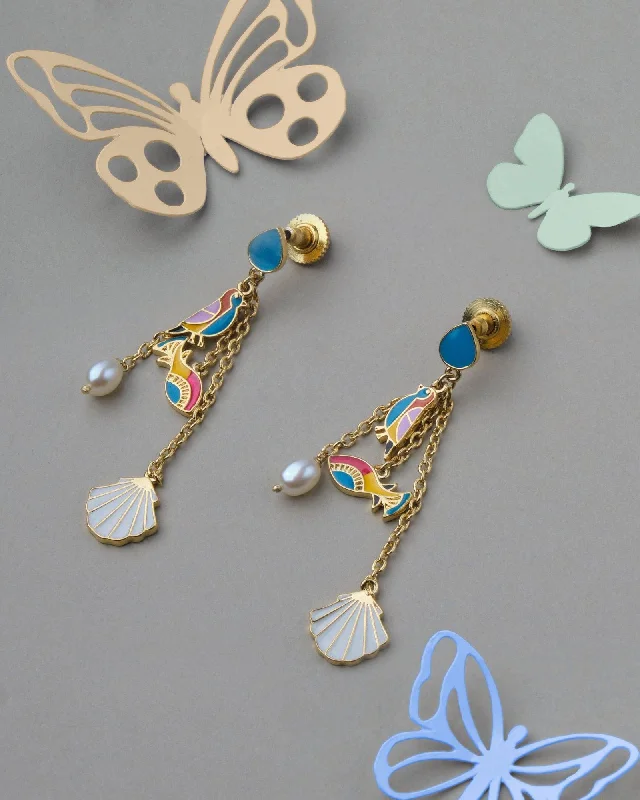 Colorful Crystal Earrings-Viha Fish & Bird Enamel Drop Pearl Earring