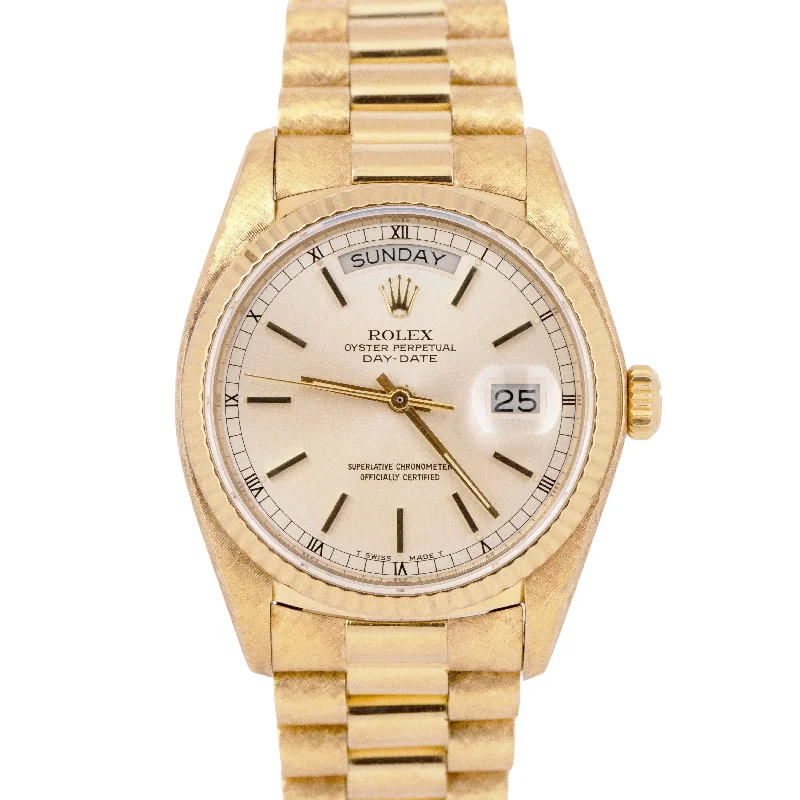 Men's Watches with Multi-Function Features-Rolex Day-Date President Florentine 36mm Silver 18K Gold Fluted Watch 18038