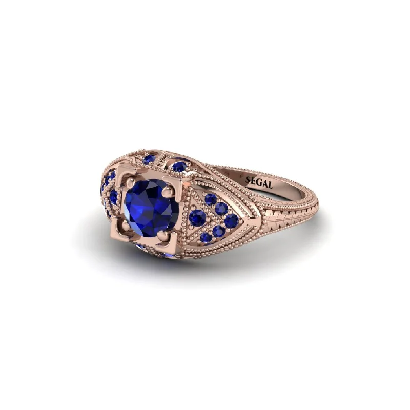 Custom Wedding Band with Initials-Round Sapphire Filigree Art Deco Vintage Engagement Ring - Bree No. 74