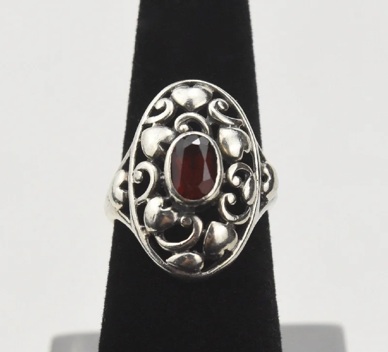 Custom Diamond Ring for Engagement-Pierced Sterling Silver Hearts Red Garnet Ring - Size 5.5