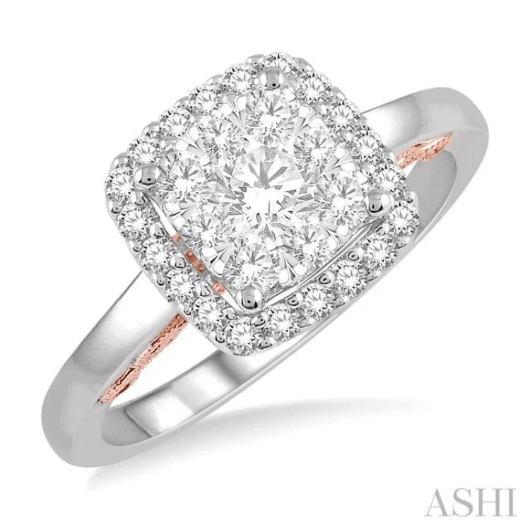 Wedding Ring with Diamond Accent-3/4 Ctw Cushion Shape Lovebright Round Cut Diamond Ring in 14K White and Rose Gold