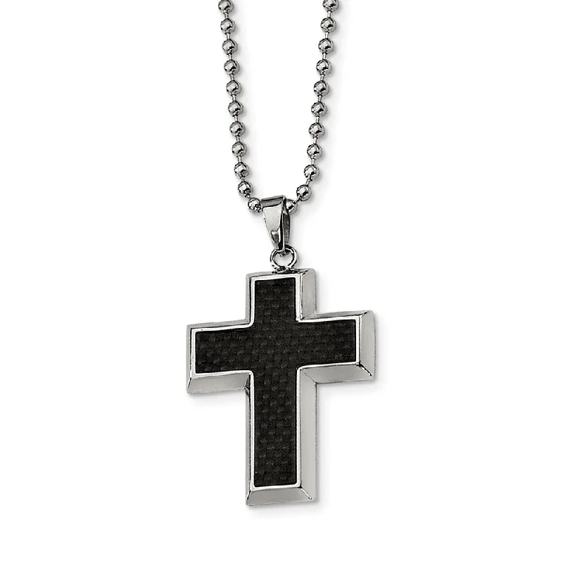 Adjustable Necklace for Comfortable Wear-Stainless Steel and Black Carbon Fiber Inlay Cross Necklace - 22 Inch