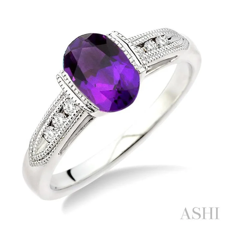 Wedding Ring with Matching Engagement Ring-8x6 MM Oval Shape Amethyst and 1/10 Ctw Diamond Ring in 14K White Gold