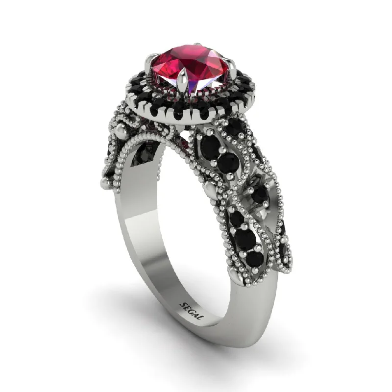 Gold Wedding Ring Set for Women-Exclusive Halo Ruby Milgrain Engagement Ring - Kendra No. 42