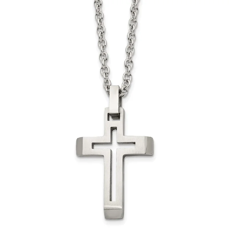 Stylish Pendant Necklace for Trendy Looks-Mens Stainless Steel Brushed & Polished Voided Cross Necklace, 20 Inch