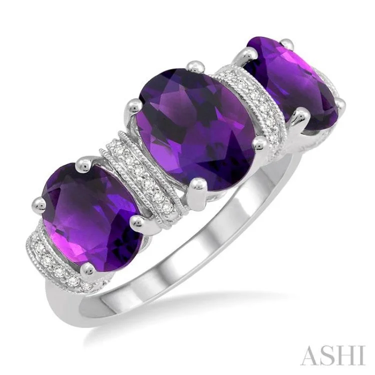 Classic Wedding Band with Sapphire-1/10 Ctw Round cut Diamond and Tri Mount Oval Cut 8x6mm & 7x5mm Amethyst Semi Precious Ring in 10K White Gold