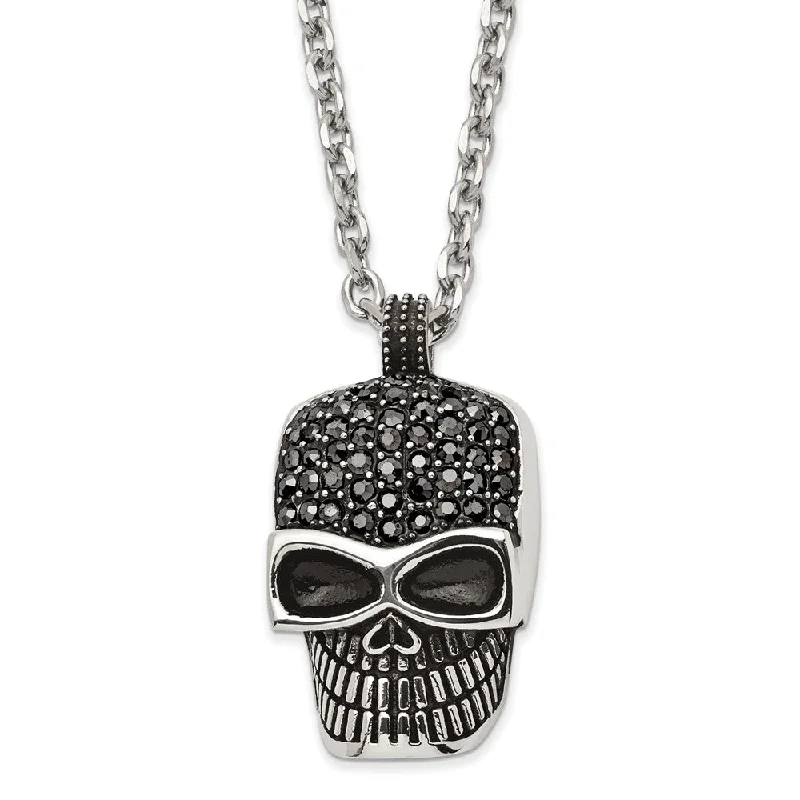 Statement Necklace for Women-Men's Stainless Steel & Black Crystal Large Skull Necklace, 24 Inch