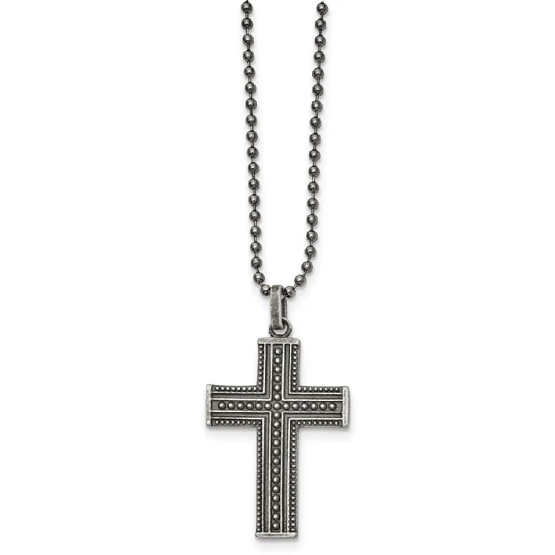 Elegant Necklace for Formal Wear-Gunmetal Plated Stainless Steel Antiqued Beaded Cross Necklace, 22 In