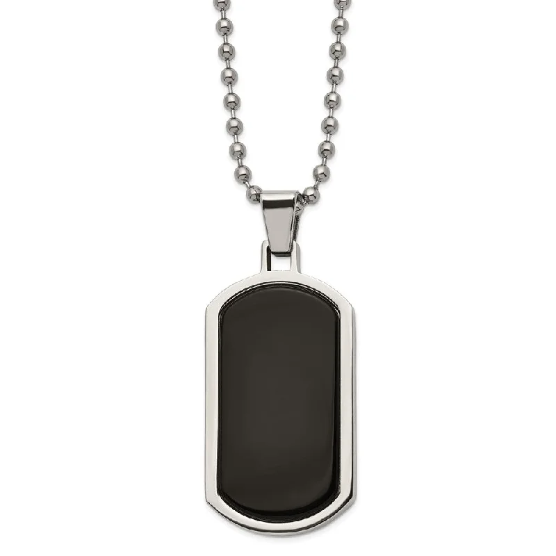 Dainty Chain Necklace for Elegant Look-Men's Stainless Steel & Black Agate Inlay Dog Tag Necklace, 22 Inch