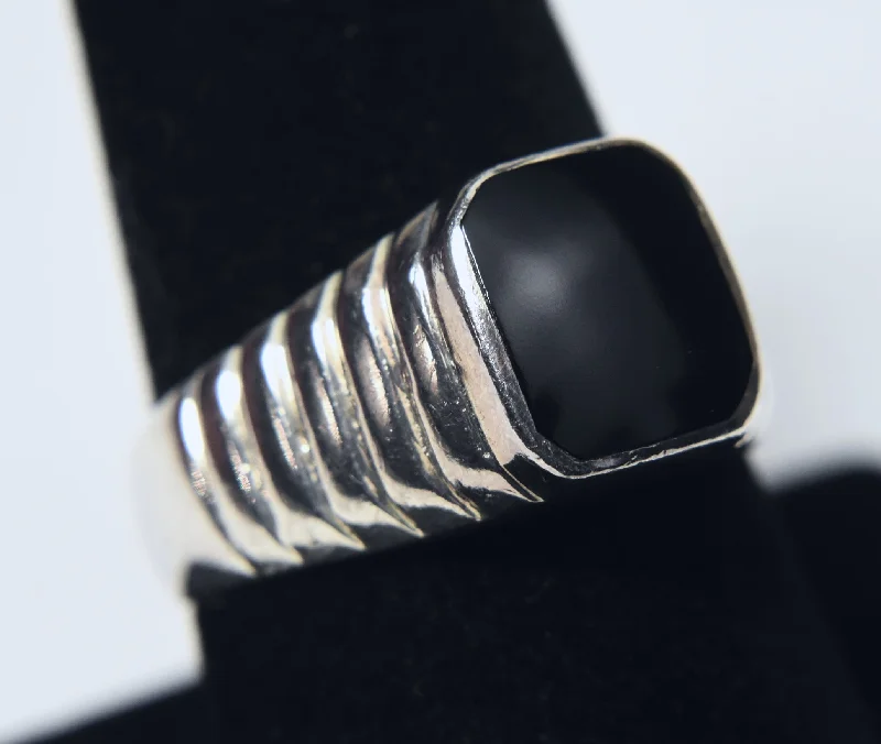 Adjustable Ring for Casual Style-Vintage Tiered Art Deco Design Sterling Silver Black Onyx Signet Ring - Size 8.75