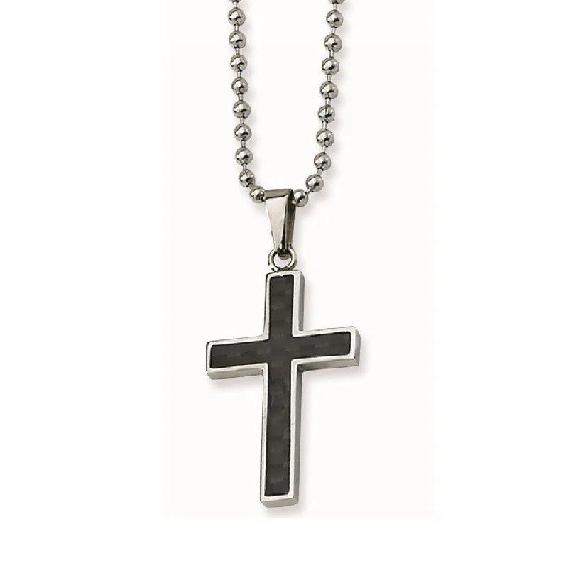 Diamond Pendant Necklace-Men's Stainless Steel & Blk Carbon Fiber Inlay Cross Necklace, 22 Inch