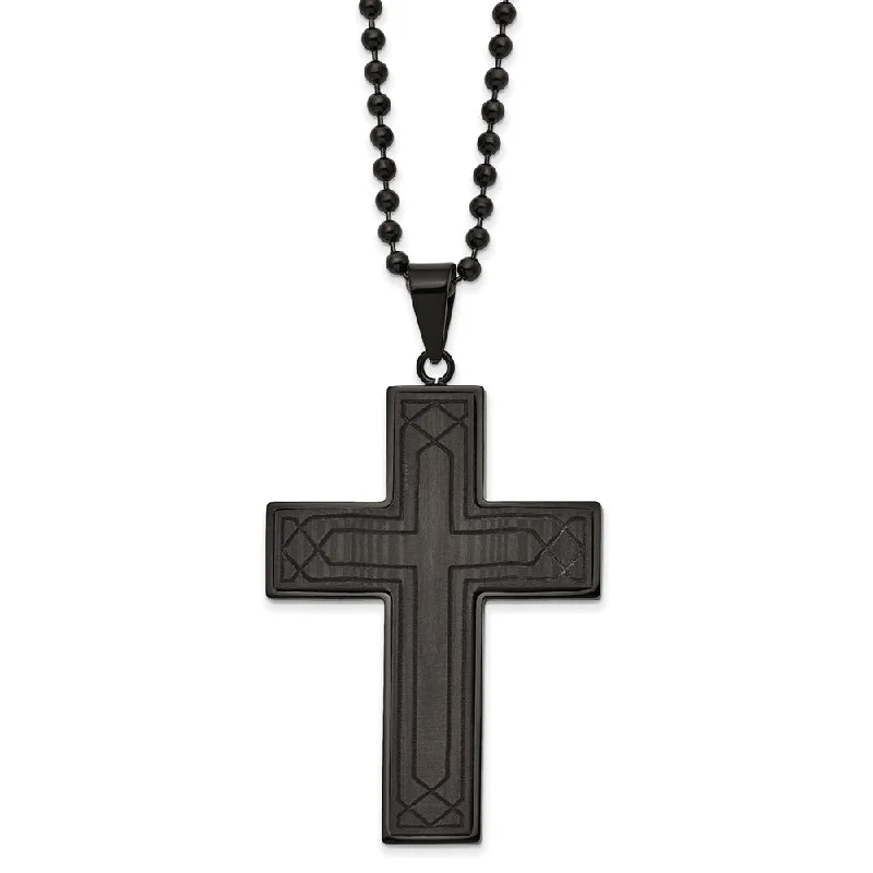 Simple Silver Necklace with Pendant-Black Plated Stainless Steel Black Carbon Fiber Cross Necklace, 24 In