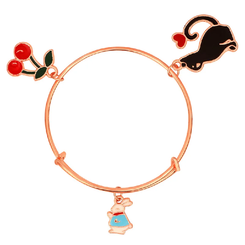 Custom Name Bangles for Gifts-Mahi Cat Rabit & Cherry Shaped Rose Gold Plated Charm Bracelet for Kids (BRK1100838Z)