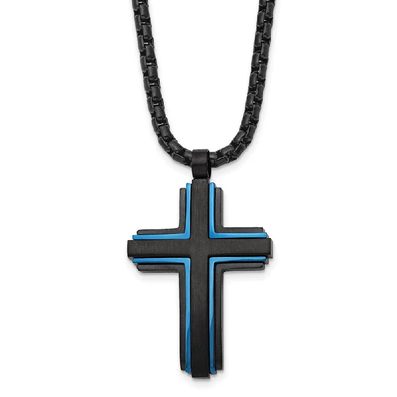 Vintage Style Chain Necklace-Men's Black & Blue Plated Stainless Steel Cross Necklace, 24 Inch