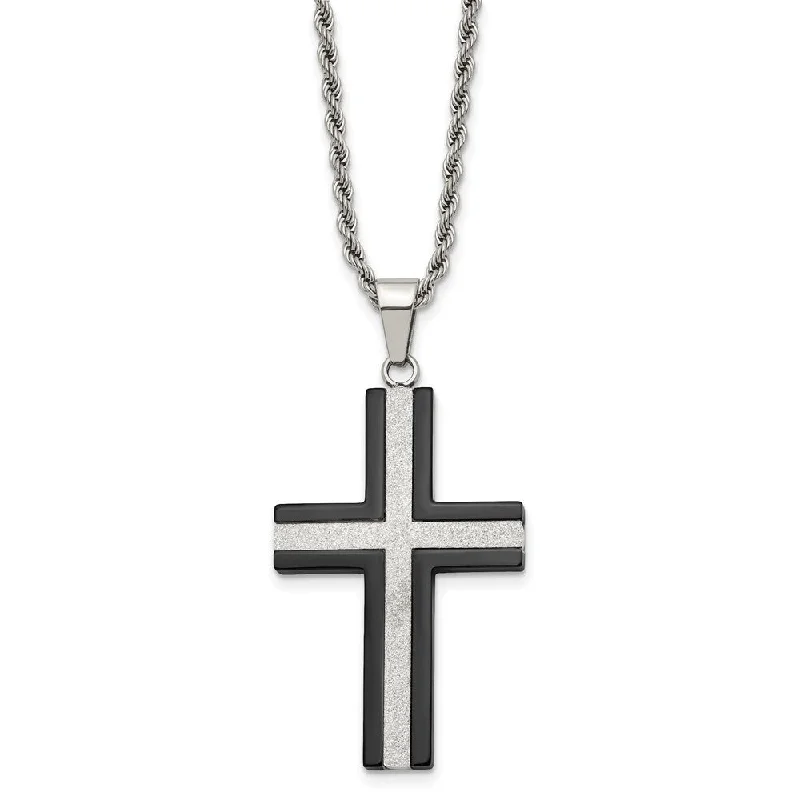 Stylish Gem Necklace for Women-Stainless Steel Polished Black Plated & Laser Cut Cross Necklace, 24in