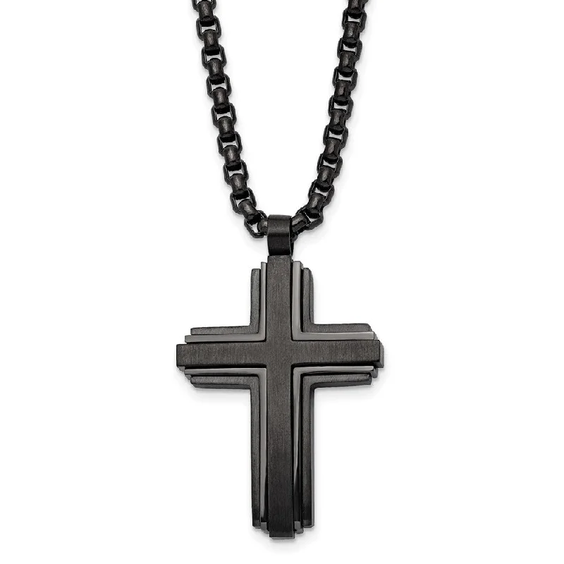 Rainbow Necklace for Festivals-Black Plated Stainless Steel Brushed & Polished Cross Necklace, 24 In