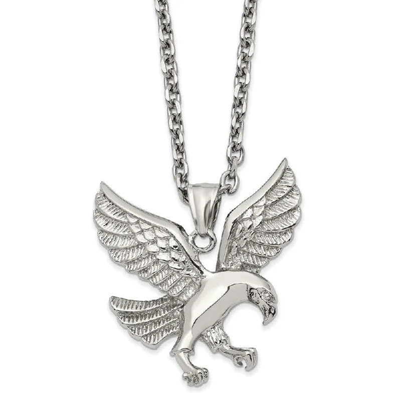 Bridal Necklace with Crystals-Men's Stainless Steel Large Polished Eagle Necklace, 24 Inch