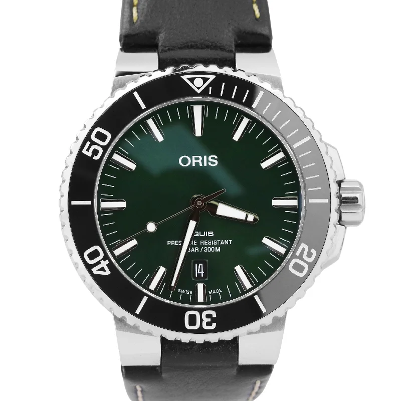 Chronograph Sports Watches for Professionals-PAPERS Oris Aquis GREEN Steel 43.5mm 01 733 7730 4157-07 5 24 10E Watch BOX