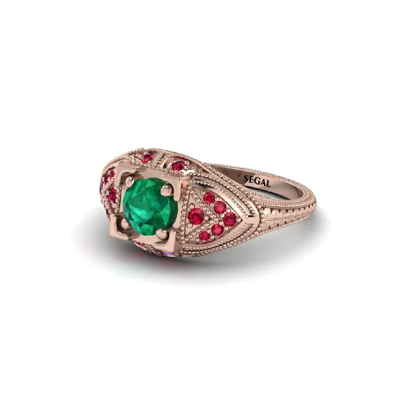 Dainty Engagement Ring for Women-Round Emerald Filigree Art Deco Vintage Engagement Ring - Bree No. 50