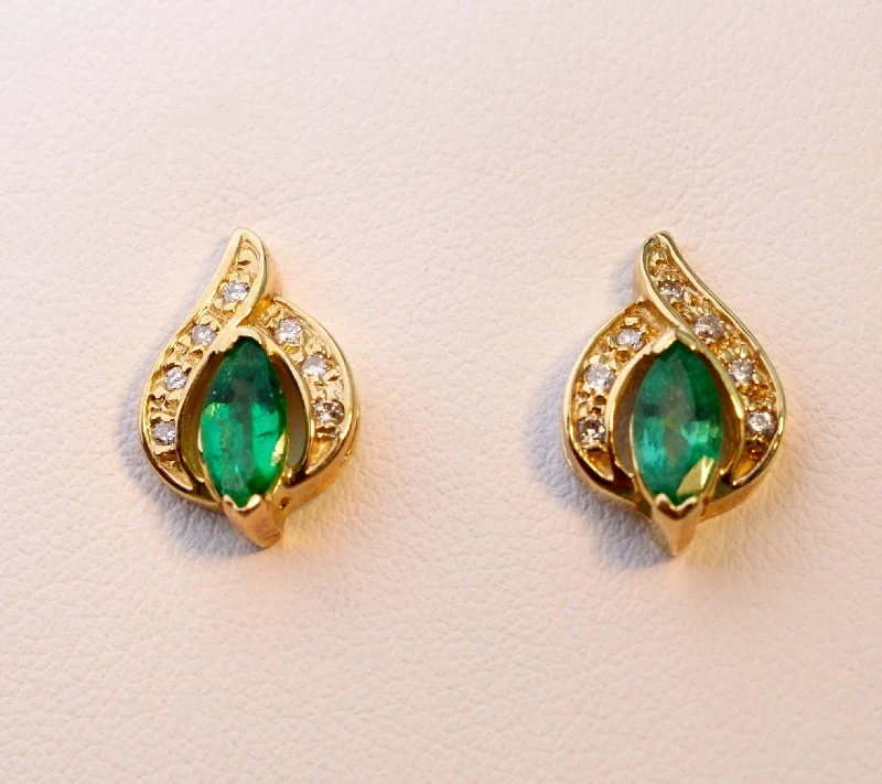 Artistic Pearl Earrings-14K yellow gold post earrings with Emeralds