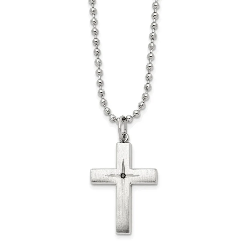 Artistic Gemstone Necklace-Stainless Steel 0.015ct Black Diamond Brushed Cross Necklace, 24 Inch