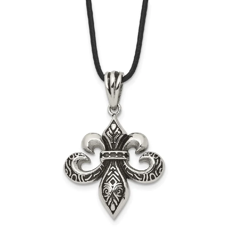 Simple Chain Necklace for Day-to-Day Look-Stainless Steel & Leather Cord Antiqued Fleur de lis Necklace, 20 Inch