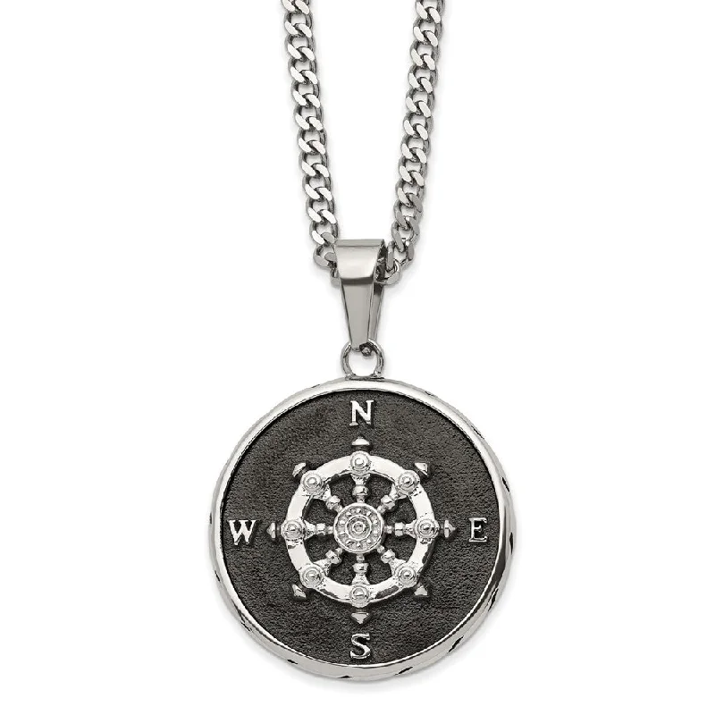 Gold Necklace with Initials-Stainless Steel Polished & Black Plated 30mm Compass Necklace, 22 Inch