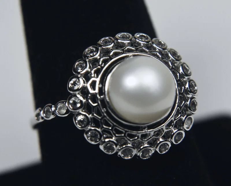 Fashionable Statement Ring for Women-Pearl and Topaz Sterling Silver Ring - Size 9