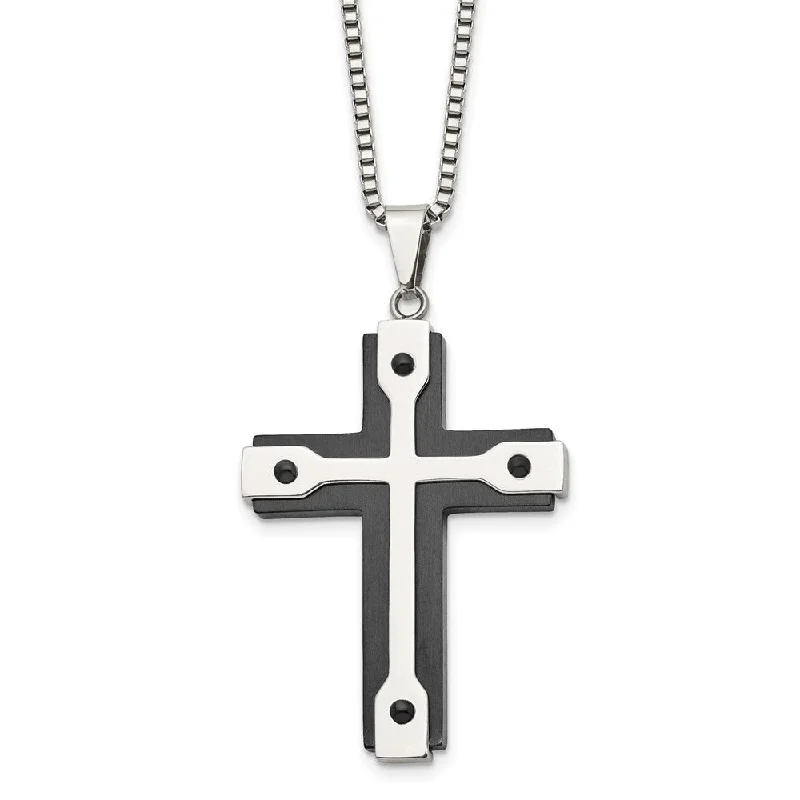 Simple Pendant Necklace for Day Wear-Men's Stainless Steel & Black Plated Large Cross Necklace, 22 Inch