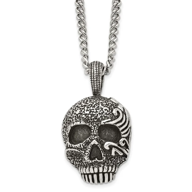 Sterling Silver Necklace with Pendant-Men's Stainless Steel Large Antiqued Skull Necklace, 24 Inch