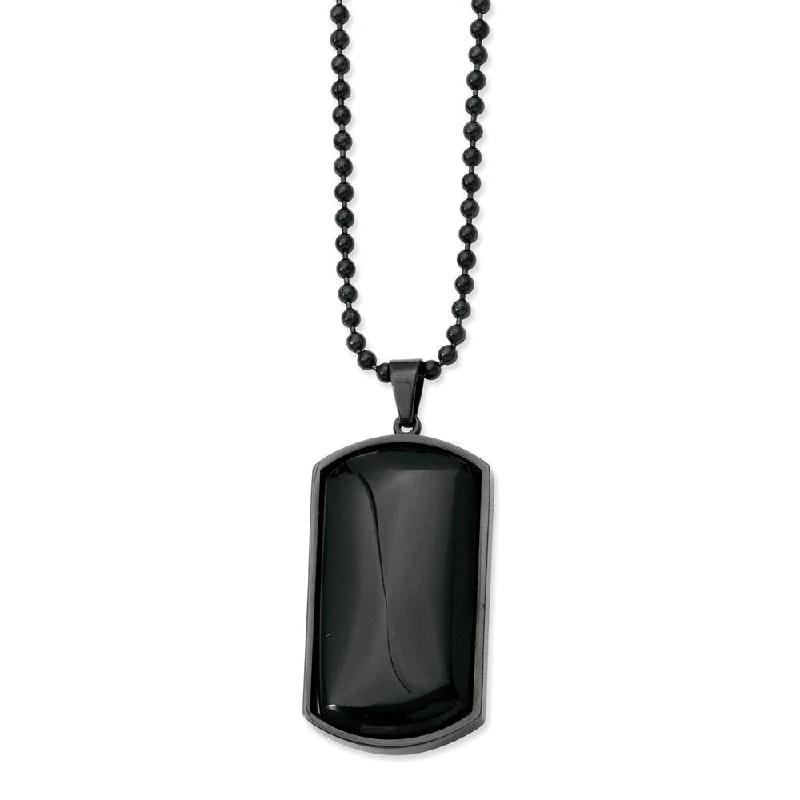 Stylish Pendant Necklace for Trendy Looks-Black Plated Stainless Steel and Black Agate Dog Tag Necklace 30 Inch