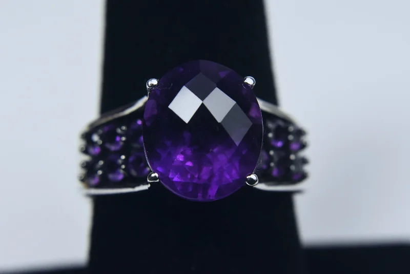 Classic Diamond Ring for Engagement-Amethyst Sterling Silver Ring with Adjuster - Size 6.5 - 7.75