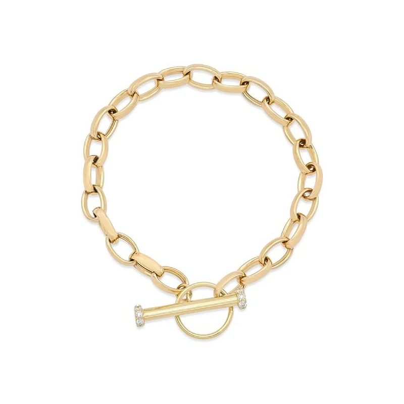 Fashionable Gold Bracelet for Evening Events-YELLOW GOLD FANCY ROLO BRACELET WITH TOGGLE CLASP AND DIAMONDS, .25 CT TW