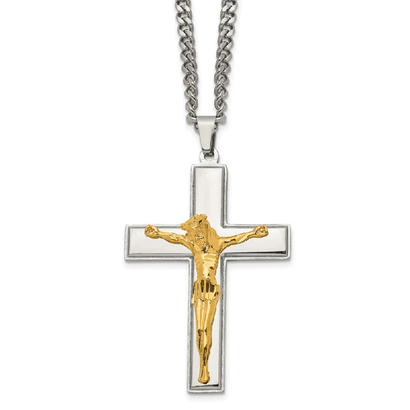 Gold Necklace for Women-Stainless Steel & Gold Tone Plated Large Crucifix Necklace, 24 Inch