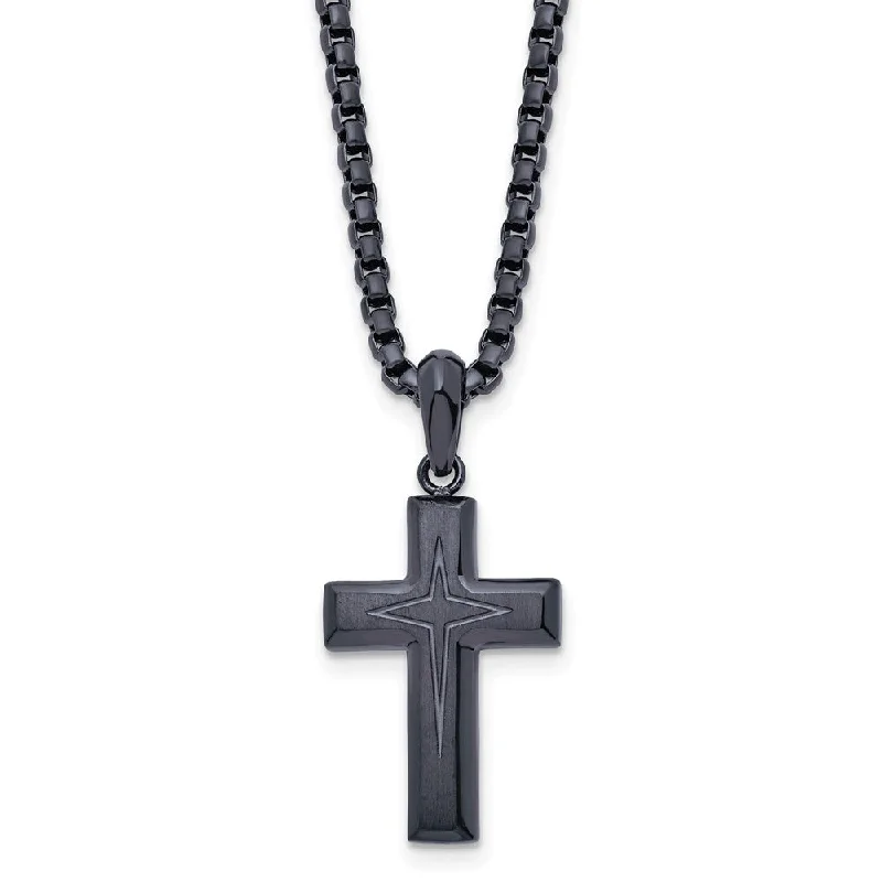 Bold Fashion Necklace for Evening Events-Dark Gray Plated Stainless Steel Small Cross Necklace, 24 Inch