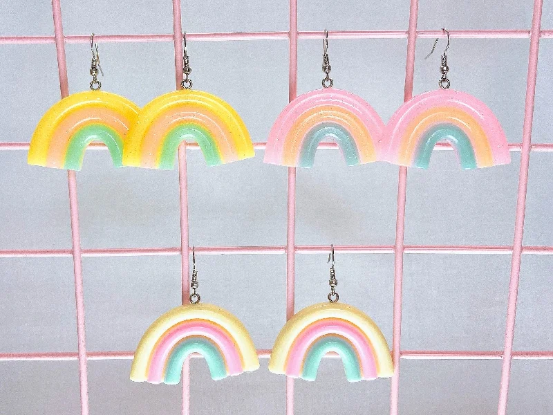 Long Silver Earrings-Pastel Rainbow Arc Earrings (3 Colors)