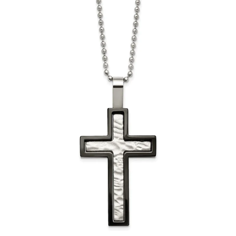 Leather Necklace for Casual Look-Stainless Steel & Black Plated Hammered Bordered Cross Necklace, 24 In