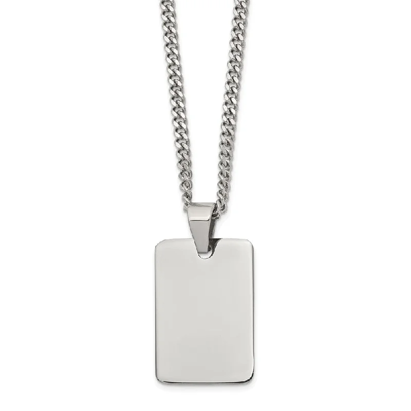 Simple Pendant Necklace for Casual Wear-Polished Steel Engravable Dog Tag and Curb Chain Necklace - 24 Inch